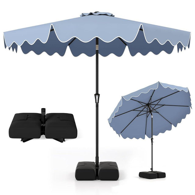 Tangkula 9 FT Patio Umbrella with Base Included, 2-Tiers Outdoor Scalloped Table Umbrella with 2 Sandbags, Tilt Adjustment, Crank, 8 Ribs for Market Backyard Pool Deck Beach Lawn