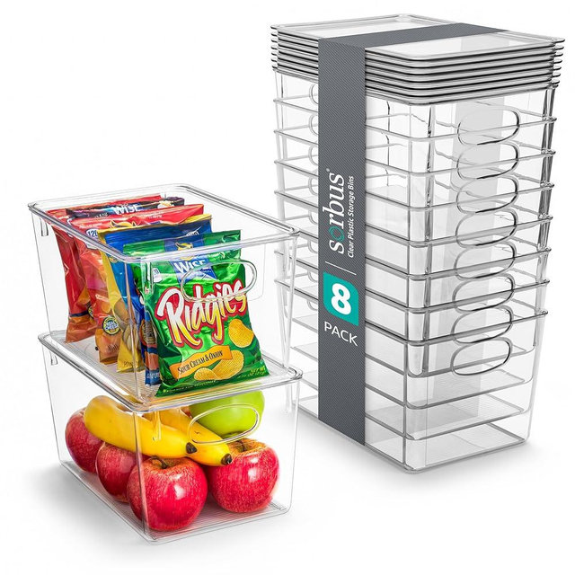 Sorbus Large Plastic Storage Bins with Lids - for Kitchen Organization, Pantry Organizers and Storage, Fridge Organizer, Cabinet Organizer, Refrigerator Organizer Bins - Clear Storage Bins (8 pack)