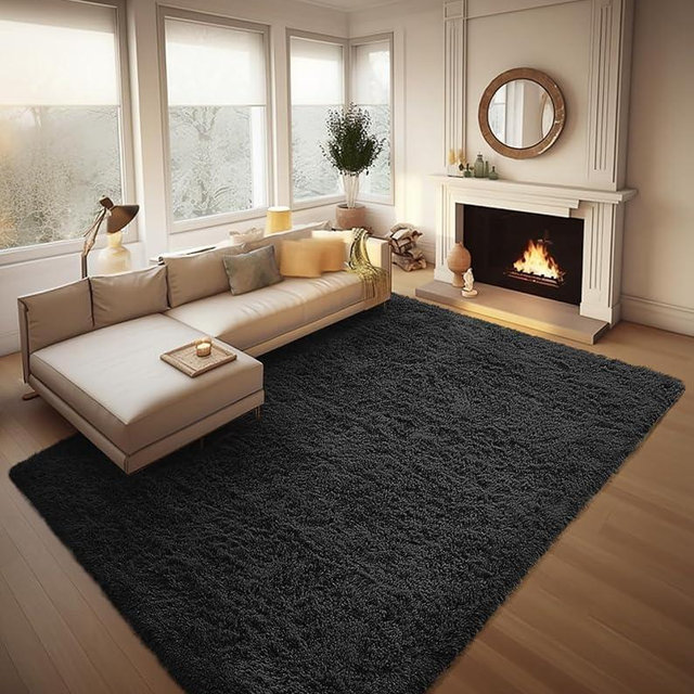 Ophanie 8x10 Black Area Rugs for Living Room, Large Shag Bedroom Carpet, Big Indoor Thick Soft Shaggy Nursery Rug, Fluffy Carpets for Boy and Girls Room Dorm Home Decor Aesthetic