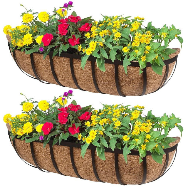 DUNCHATY Railing Planter Window Box - 2 Pack 24" Horse Trough Planter with Coco Fiber Liner - Deck Balcony Rail Planter for Porch Fence Patio Outdoor