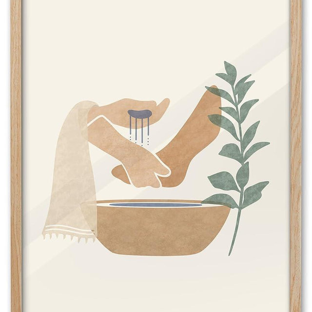 KensTro Natural OAK Wood Beige Boho Christian Framed Wall Art, 12x16 in Mid Century Modern Washing Feet Canvas Wall Art,Minimalist Religious Jesus Christ for Living Room Bedroom Decor Set of 1