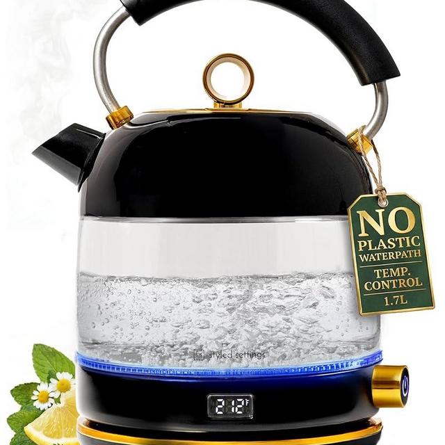 Glass Electric Kettle No Plastic, Stainless Steel, Auto Shut Off and Keep Warm Function - Black and Gold Tea Kettle with Temperature Control – 1500W Fast Hot Water Boiler for Coffee and Tea