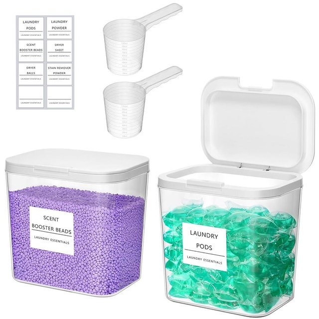 Lifewit 2 Pack Laundry Pods container with Labels and Measuring Scoops, Two 0.72 Gal/92 Oz Powder Containers with Press-and-Pop Lid, Laundry Room Organization and Storage for Booster Beads
