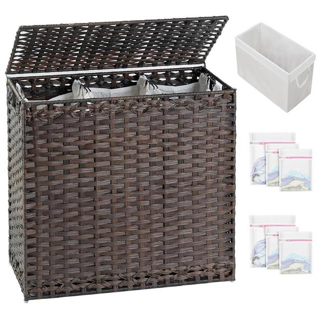 SETVSON Laundry Hamper with Lid Laundry Basket 132 L (35 Gal) Wicker Clothes Hamper, Handwoven Rattan Hamper with Handles and 4 Removable Liner Bags, 6 Mesh Bags for Laundry Bedroom Brown