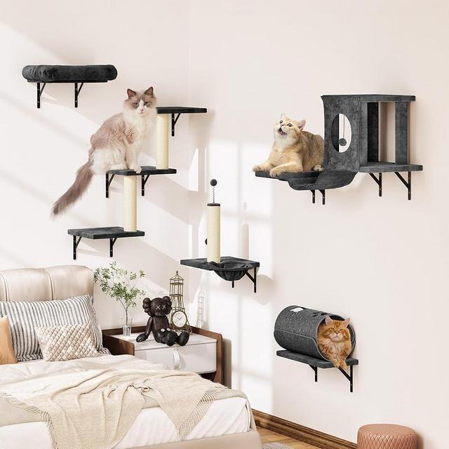 NUNU LAB 7-in-1 Wall Mounted Cat Climber Set, Cat Wall Furniture Set with House, Bridge, Steps, Scratcher Post, DIY Playground, Cat Wall Shelves - Dark Gray