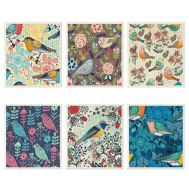 6 Pcs Swedish Kitchen Dishcloths Multi Purpose Kitchen Towel Flower Absorbent Dish Towels Soft Reusable Cleaning Dish Cloths Washable Decorative Tea Towels Bar Hand Towel (Bird)