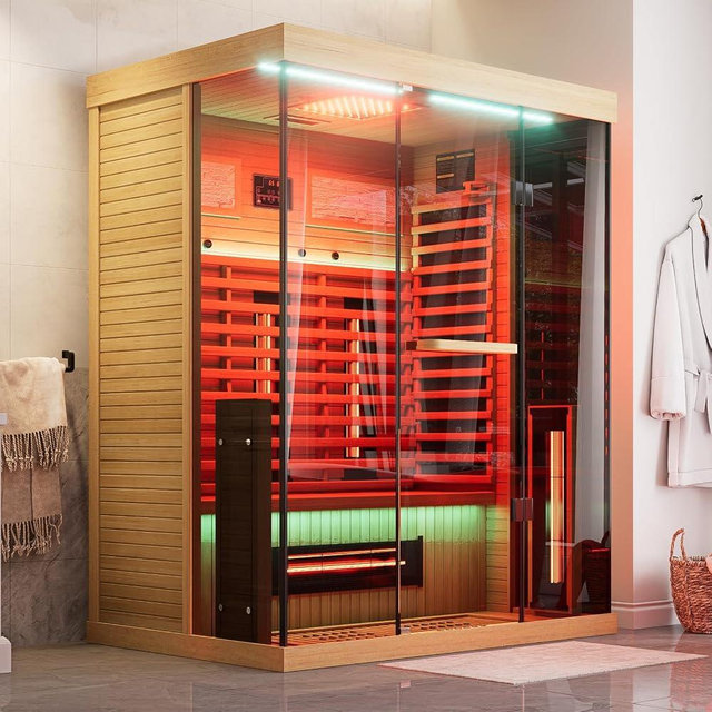 MEISSALIVVE Full Spectrum Infrared Sauna，2-3 Person Home Sauna，Wooden Canadian Hemlock Indoor Spa Sauna with Resonance Speaker, Panoramic Tempered Glass Door