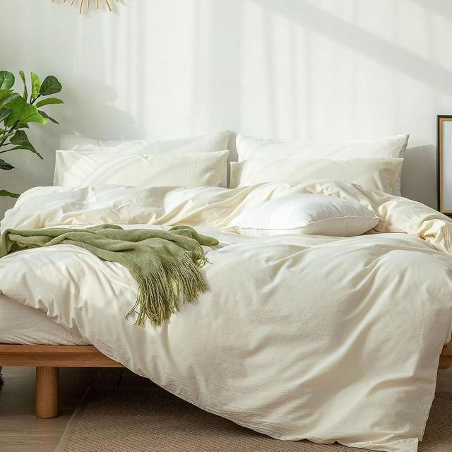 MooMee Bedding Duvet Cover Set 100% Washed Cotton Linen Like Textured Breathable Durable Soft Comfy (Cream White, Oversized King)