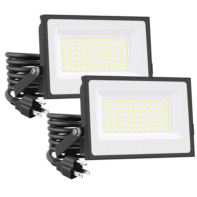Onforu 60W Flood Lights Outdoor, 8400lm Bright LED Work Light with Plug, 6500K Daylight White LED Flood Lighting, IP66 Waterproof Security Yard Lights for Garage Stadium 2 Pack
