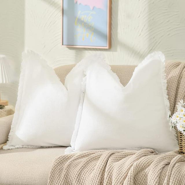 ZWJD Farmhouse Pillow Covers 22x22 Set of 2 Cream Throw Pillow Covers with Fringe Chic Cotton Decorative Pillows Square Cushion Covers for Sofa Couch Bed Living Room Boho Decor