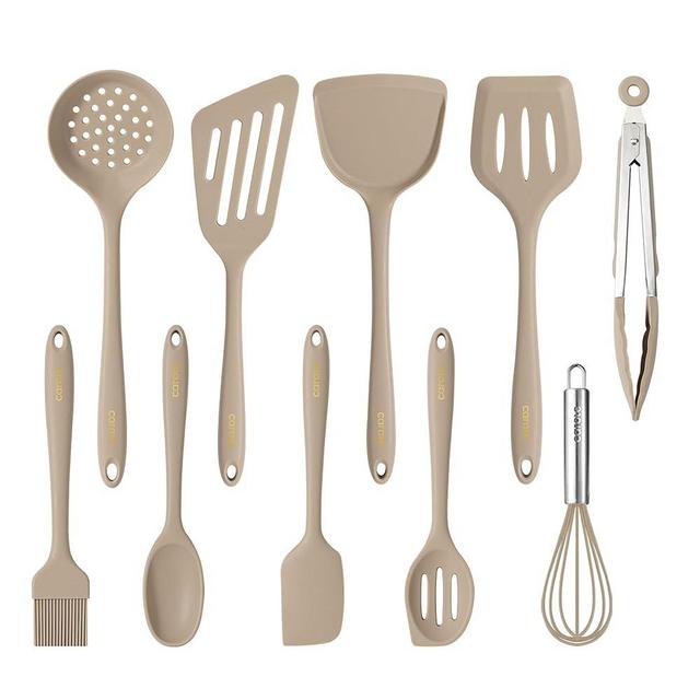 CAROTE Kitchen Utensil Set for Nonstick Cookware, Heat Resistant Silicone Cooking Utensils Set 10pcs, Brown, Oderless Spatula, Turner
