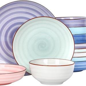 Selamica Ceramic Plates and Bowls Set, 24 Pieces Dinnerware Sets for 6, Scratch Resistant Dishes Set, Handpainted Swirl with Spot Dishwasher & Microwave Safe, Gradient Color