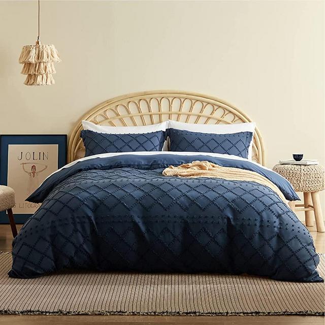 Bedsure Tufted Duvet Cover Set King Size, 3 Pieces Embroidery Shabby Chic Comforter Cover Set, Soft and Durable Bedding Set for All Seasons, Navy Blue