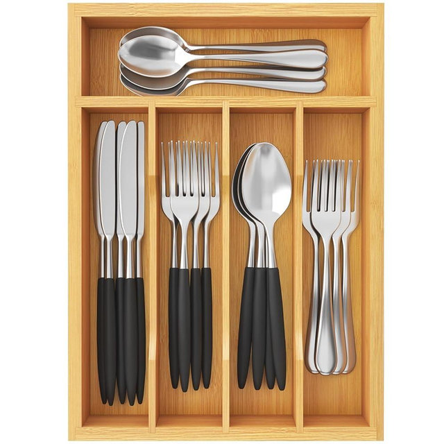 Lifewit Silverware Drawer Organizer Tray, Bamboo Cutlery Storage for Kitchen Drawer, 5 Compartment Flatware and Utensil Holder Divider for Spoons Forks Knives Tableware, Natural