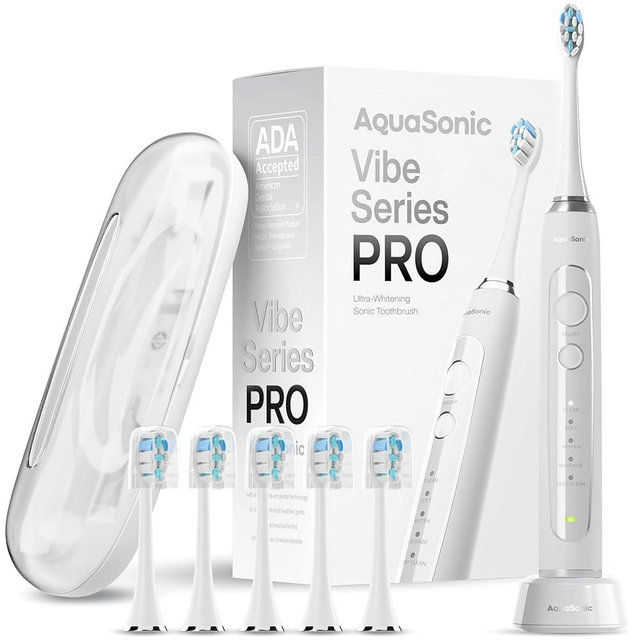 Aquasonic Vibe Series PRO – Ultra-Whitening Electric Toothbrush – 5 Modes & Smart Timers – Premium Travel Case & 6 Proflex Brush Heads – ADA Accepted Toothbrush (Optic White)