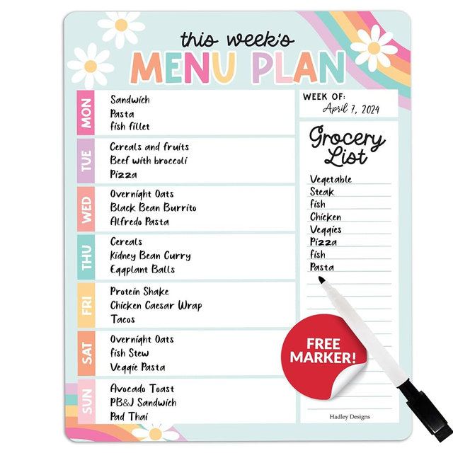 Hadley Designs Weekly Meal Planner for Fridge - Dinner Menu Board for Kitchen, Retro Weekly Menu Board Dry Erase, Dry Erase Meal Planner for Fridge