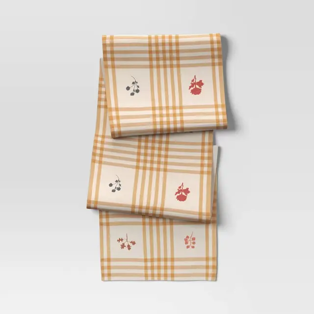 72"x14" Embroidered Plaid Table Runner Gold - Threshold™