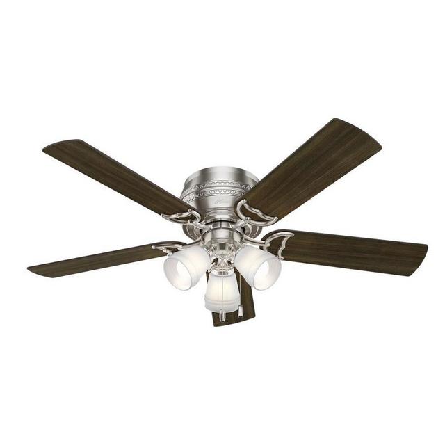 New Home Furnishing: Hunter Prim 52-in Brushed Nickel LED Indoor Flush Mount Ceiling Fan with Light Kit (5-Blade)