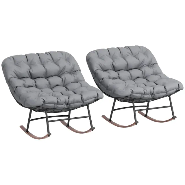 Outsunny Outdoor Rocking Chair Set of 2, Oversized Rocking Papasan Chairs with Cushions, Gray