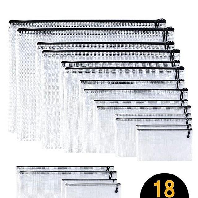 OAIMYY-Black Plastic Zipper Pouch Pen File Document Folders Pockets Bags Clear Mesh Weatherproof Protection-9 Sizes,18 pcs (Black)