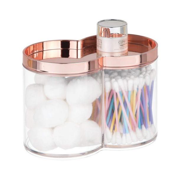 mDesign Plastic Bathroom Vanity Countertop Canister Jar with Storage Lid - Stackable - Divided, Double Compartment Organizer for Cotton Balls, Swabs, Bath Salts - Clear/Rose Gold