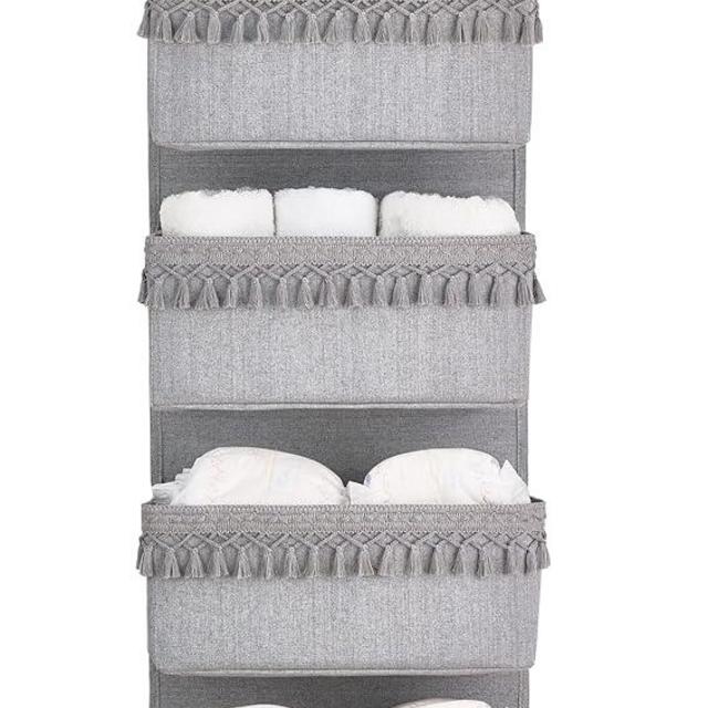 Dahey Over The Door Organizer Boho Nursery Storage Decor Closet Hanging Organizer with Tassels Decoration for Bedroom Nursery Bathroom Apartments Dorm Pantry, 4 Pockets, Grey
