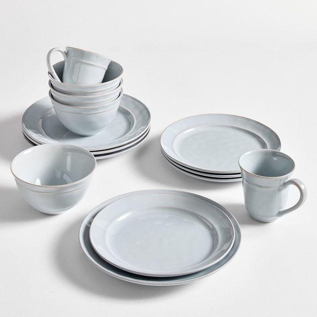 Cambria Stoneware 16-Piece Dinnerware Set, 10 3/4" Dinner Plate with Cereal Bowl - Chambray