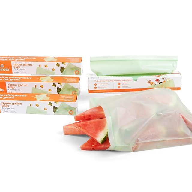 Full Circle Compostable Zipper Bags – 1 Gallon Size, 60ct, 4 Boxes of 15 – Plant-Based & Plastic-Free, No Microplastics, Leak-Resistant, Resealable Food-Safe Bags