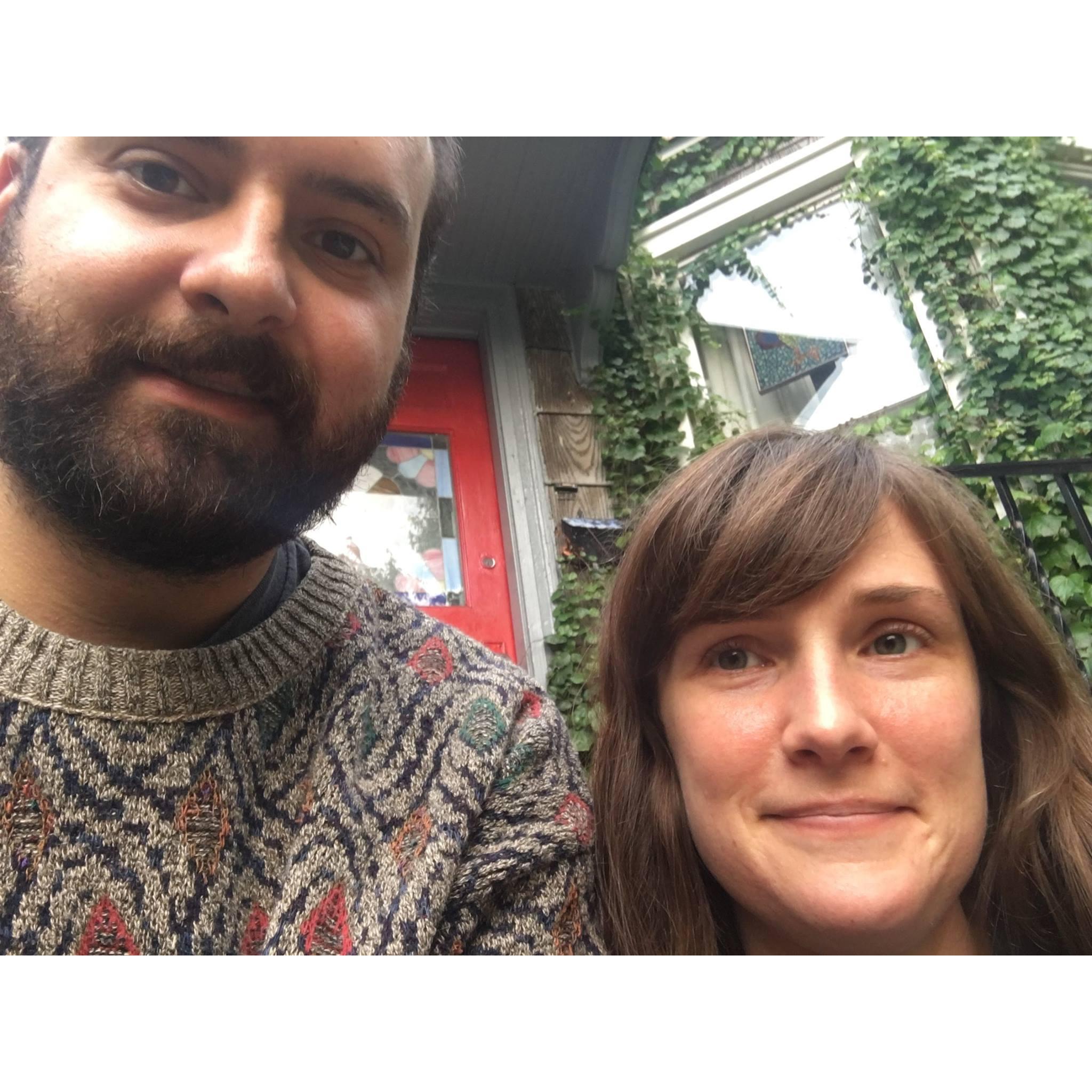 This is from the day we got engaged. To each other. Michael regrets wearing this sweater and thinks he looks too schlumpy.