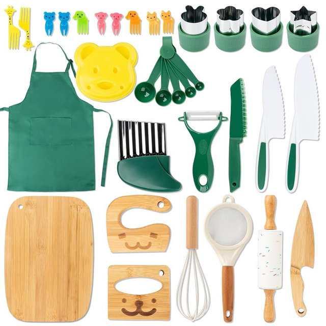 20 PCS Kids Safe Knife Set for Real Cooking, Montessori Kitchen Tools for Toddlers, Cooking & Baking Set for Kids Little Chefs, Kids Kitchen Knife Set, Crinkle Cutter, Kids Apron for Girls Boys