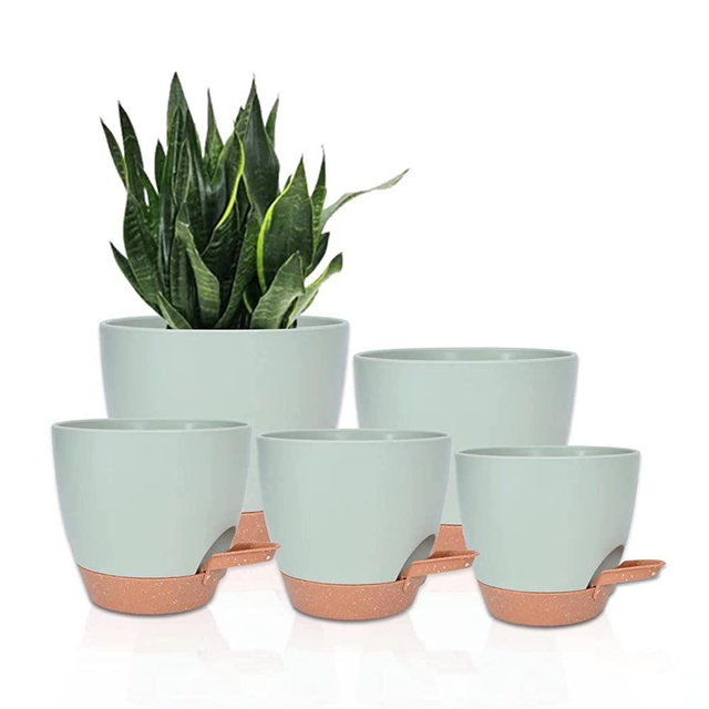 Vanslogreen Self Watering Planters for Indoor Plants - 7/6.5/6/5.5/5 Inch Watering Plant Pots with Drainage Hole, Nursery Planting Pot Plastic Flower Pot for Succulents, African Violet (Green)