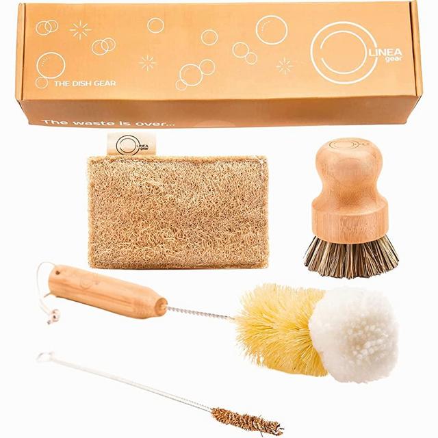 Bamboo Dish Brush Set - 100% Sustainable and Eco Friendly Dish Brush and Sponge Set, Compostable Dish Brush Kit w/ Tough Scrub Brushes and Scrubber, Natural Sponge, Bamboo Brush Kitchen Products