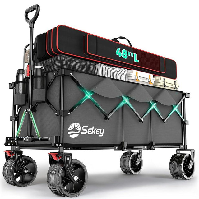 Sekey 48''L Collapsible Foldable Extended Wagon with 440lbs Weight Capacity, Heavy Duty 300L Folding Utility Garden Cart with Big All-Terrain Beach Wheels & Drink Holders. Grey