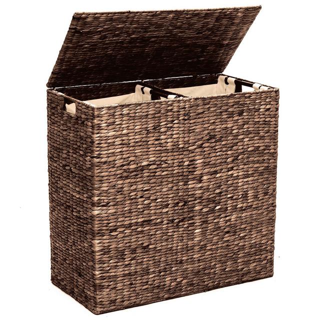 Best Choice Products XL Natural Woven Water Hyacinth Double Laundry Hamper Basket w/ 2 Liner Bags, Handles - Espresso