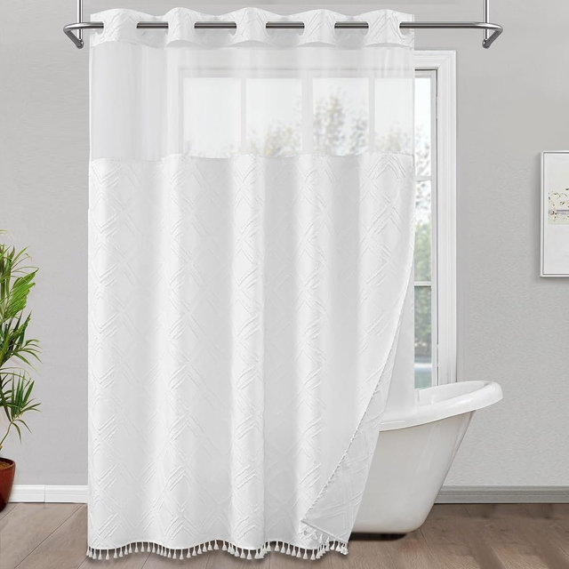 ROSERY No Hook Shower Curtain with Snap in Fabric Liner Set, Boho Farmhouse Jacquard Tufted Geometric Striped Shower Curtain for Bathroom with Tassel, Diamond Pattern, 71" W x 74" L