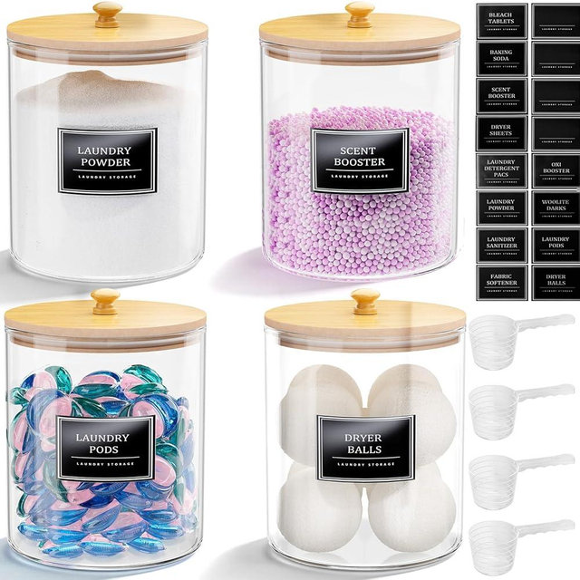 HomePekite 4 Pack Glass Laundry Pods Container, Clear Laundry Room Organization Containers with Lids & Labels, Powder Laundry Detergent Container for Scent Booster, Powder
