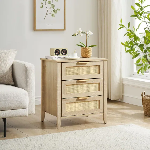 Rattan Nightstand, Boho Nightstand with 3 Natural Rattan Drawers, Bedside Table with Sturdy Wood Legs, Modern Side Table with Storage Drawers
