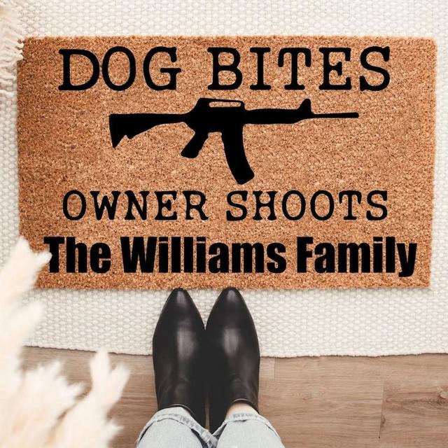 Dog Bites Owner Shoots Gun Doormat, Housewarming Gift, Closing Gift, Welcome Doormat, Front Doormat, Customize Dog Doormat, Big Dog Dad gift