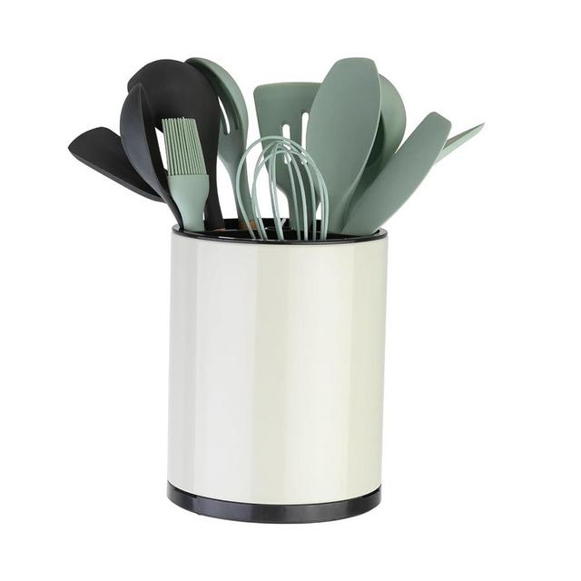 LIBODOUR Kitchen Utensil Holder Extra Large 360° Rotating For Counter Organizer Stainless Steel Storage Cooking Silverware Caddy Flatware 3 Compartment Flatware Spoon Spatula （Cream Yellow）