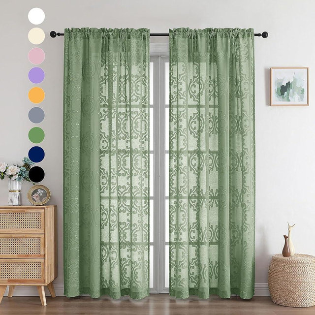 Aiyufeng Sage Green Semi Sheer Curtains 84 Inches Long for Bedroom Living Room, Solid Light Filtering Curtains Luxury 3D Floral Clip Jacquard Semi Sheer Curtains & Drapes, 54Wx84L Inch, 2 Panels
