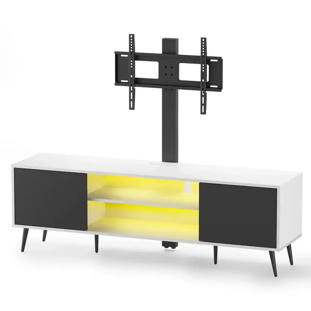 Skyzoo TV Stand with Swivel Mount for TV up to 65" with LED Light & Power Outlet for Living Room, Height Adjustable, White