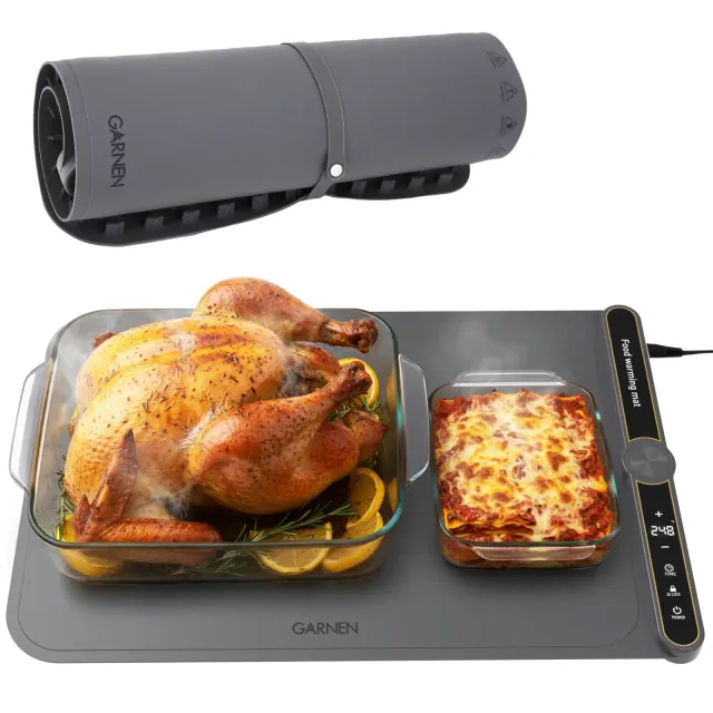 Garnen 9-Temp Electric Food Warming Mat for Food, 24"x15" Silicone Food Warmer, 8 Timer Roll Up Heating Mat for Food Countertop Warming Mat Child Lock