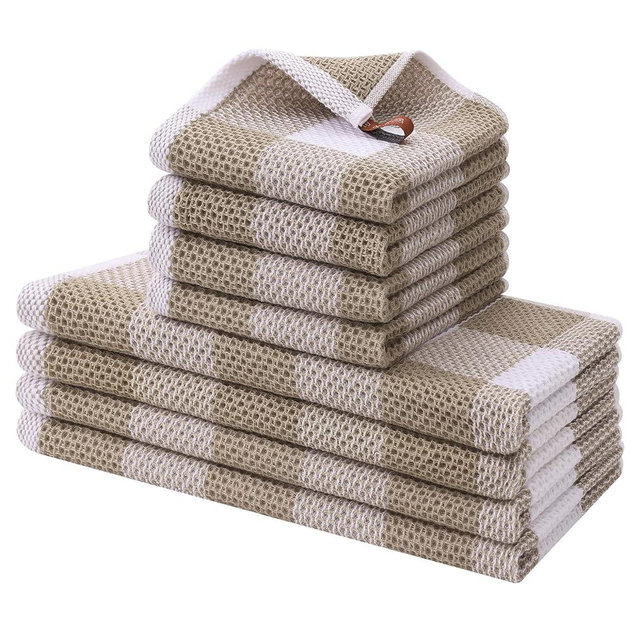 Homaxy Kitchen Towels and Dishcloths Set, 12 x 12 and 13 x 28 Inches, Set of 8 Bulk Cotton Waffle Weave Check Plaid Kitchen Towels, Super Soft and Absorbent Dish Towels, White & Khaki