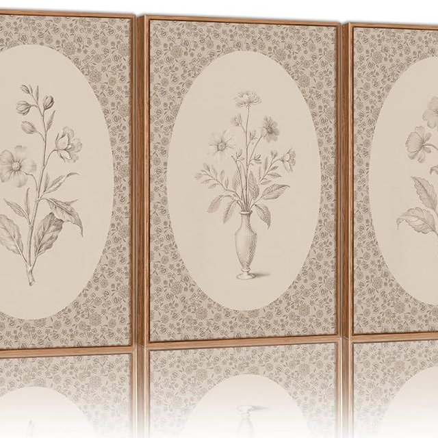 Rantodecor Vintage Flower Framed Canvas Wall Art Triptych, Rustic Floral Wall Decor, Retro Sketch Botanical Art Paintings, Antique French Cottage Artwork for Girls Bedroom Living Room Bathroom 16"x24"