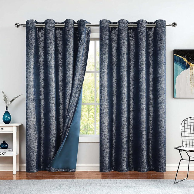 Bujasso Navy Blue Metallic Blackout Window Curtains 63 inch Silver Sparkle Room Darkening Curtains 85% Blackout Chic Luxury Navy Drapes for Living Room Thermal Insulated Grommet Top 2 Panels W52 xL63