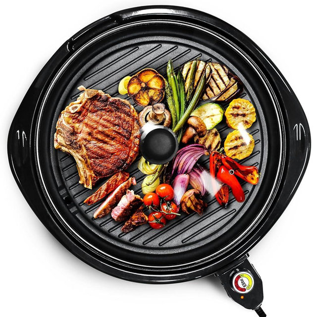 Elite Gourmet EMG-980BX Large Indoor Electric Round Nonstick Grill Cool Touch Fast Heat Up Ideal Low-Fat Meals Dishwasher Safe Includes Glass Lid, 14", Black