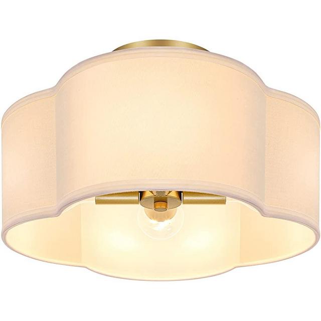 4-Light Semi Flush Mount Ceiling Light Fixture, Gold Modern Close to Ceiling Lamp with White Fabric Shade, Farmhouse Bright Lighting Brass Finish for Nursery Kids Room Bedroom Kitchen Hallway Entryway