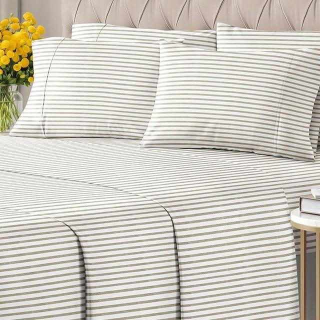 Queen 6 Piece Sheet Set - Breathable & Cooling Bed Sheets - Hotel Luxury Bed Sheets for Women, Men, Kids & Teens - Bedding w/ Deep Pockets & Easy Fit - Soft & Wrinkle Free - Queen Beige Stripes Sheets