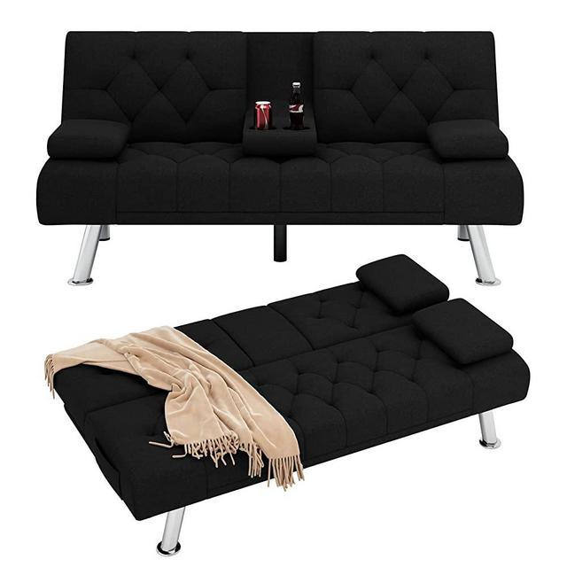HIFIT Futon Sofa Bed, Upholstered Convertible Folding Sleeper Sofa Bed with Removable Armrests, Modern Futon Couch for Living Room, Bedroom, 2 Cupholders, Metal Legs, Black