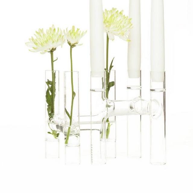 Contemporary Set of Two Czech Clear Glass Trio Candelabras / Bud Vases